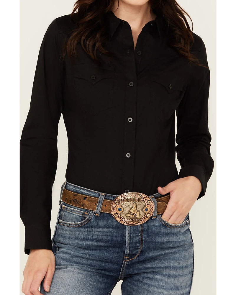 Wrangler Retro Women's Solid Long Sleeve Button-Down Stretch Western Shirt