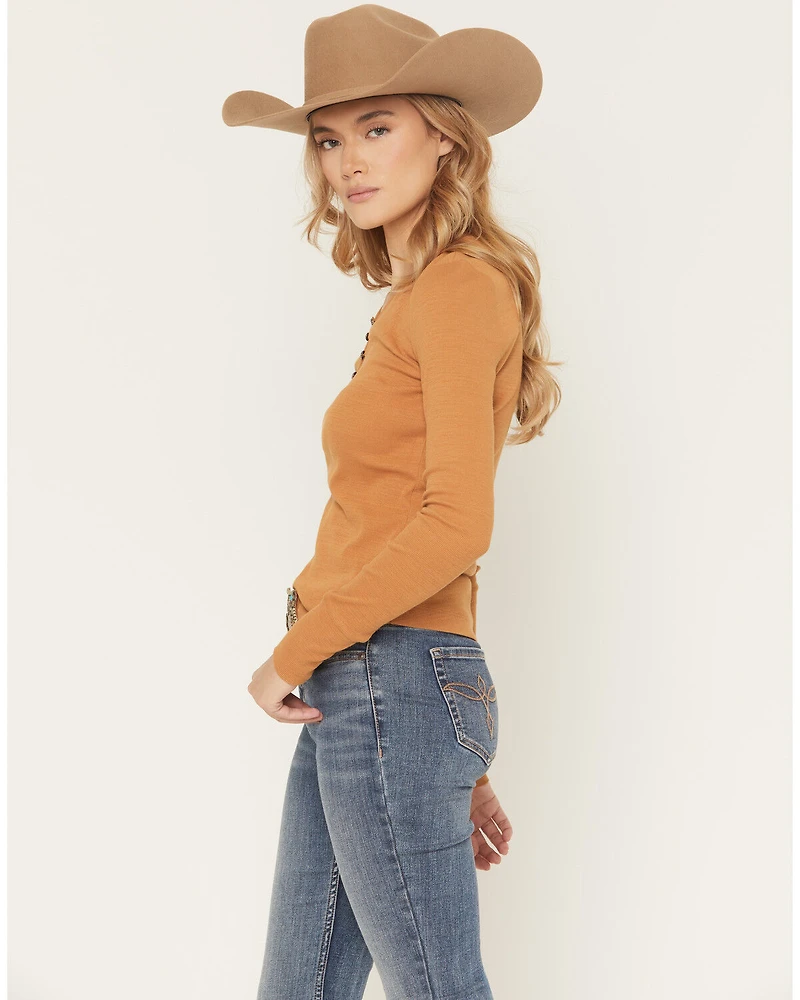 Shyanne Women's Solid Ribbed Long Sleeve 1/4 Button-Down Tee