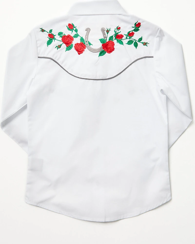 Rodeo Clothing Girls' Rose Horseshoe Embroidered Long Sleeve Pearl Snap Western Shirt