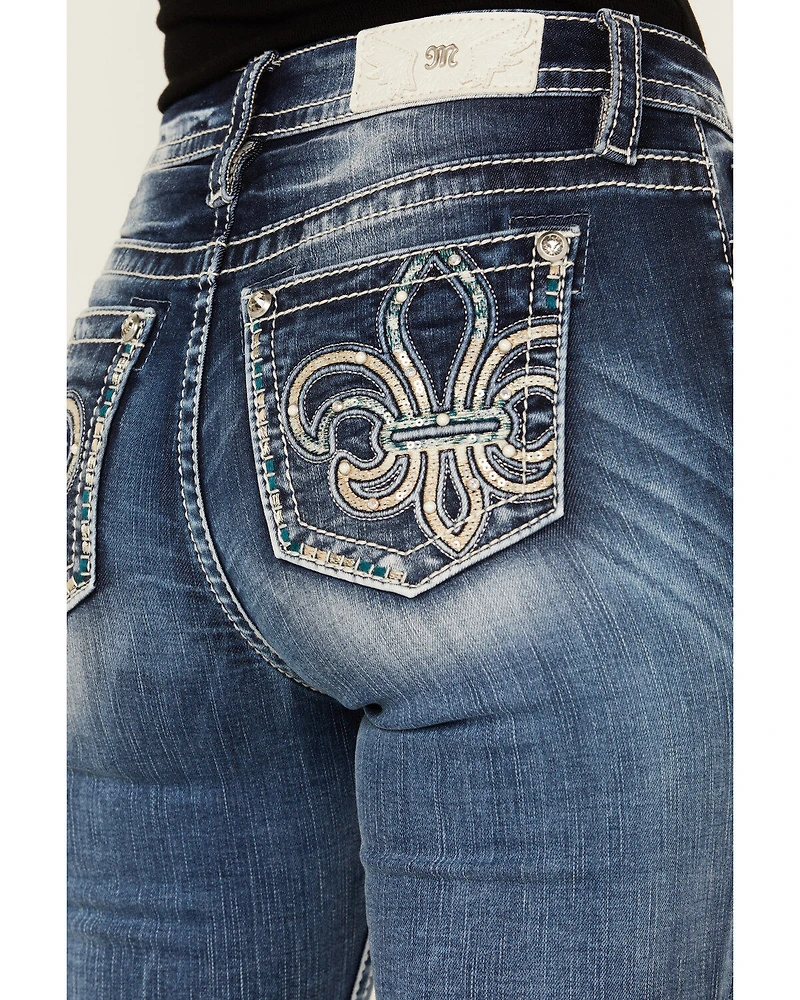 Miss Me Women's Dark Wash Mid Rise Fleur de Lis 34" Bootcut Stretch Denim Jeans