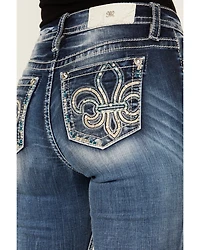 Miss Me Women's Dark Wash Mid Rise Fleur de Lis 34" Bootcut Stretch Denim Jeans