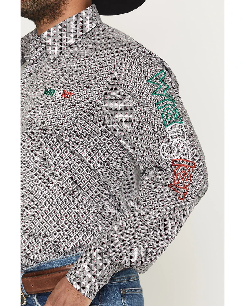 Wrangler Men's Mexico Logo Geo Print Long Sleeve Snap Western Shirt