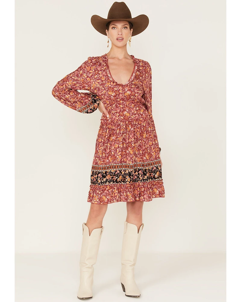 Wild Moss Women's Floral Print Long Sleeve Mini Dress
