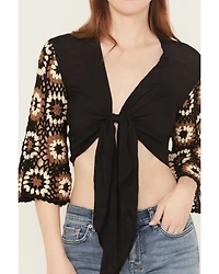 Revel Women's Crochet Tie-Front Long Sleeve Shirt