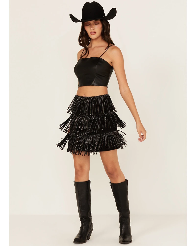 Fornia Women's Rhinestone Fringe Faux Suede Mini Skirt