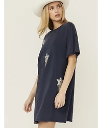 Rock & Roll Denim Women's Sequins Star Short Sleeve T-Shirt Mini Dress