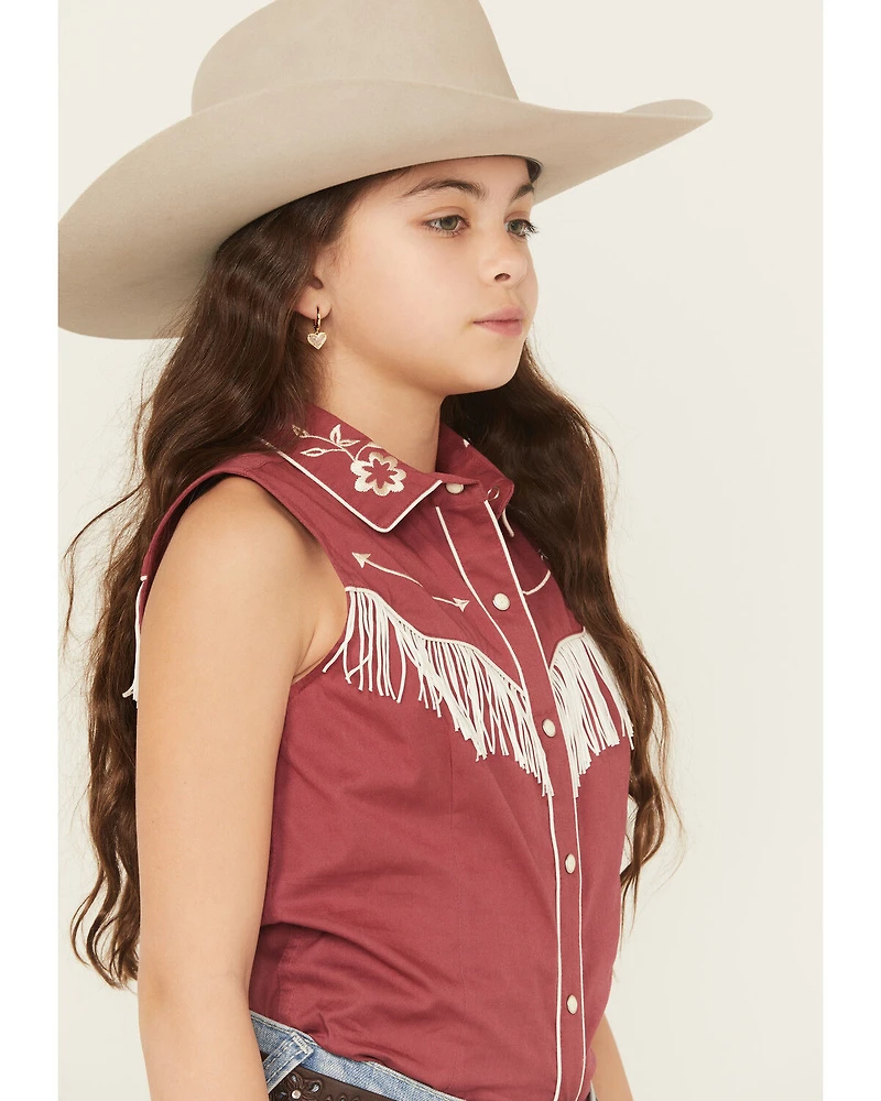 Rock & Roll Denim Girls' Embroidered Retro Sleeveless Snap Western Shirt