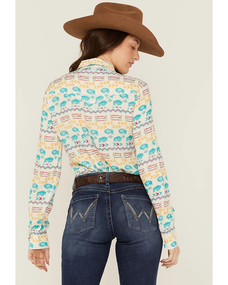 Roper Women's Buffalo Roam Southwestern Print Long Sleeve Pearl Snap Western Shirt