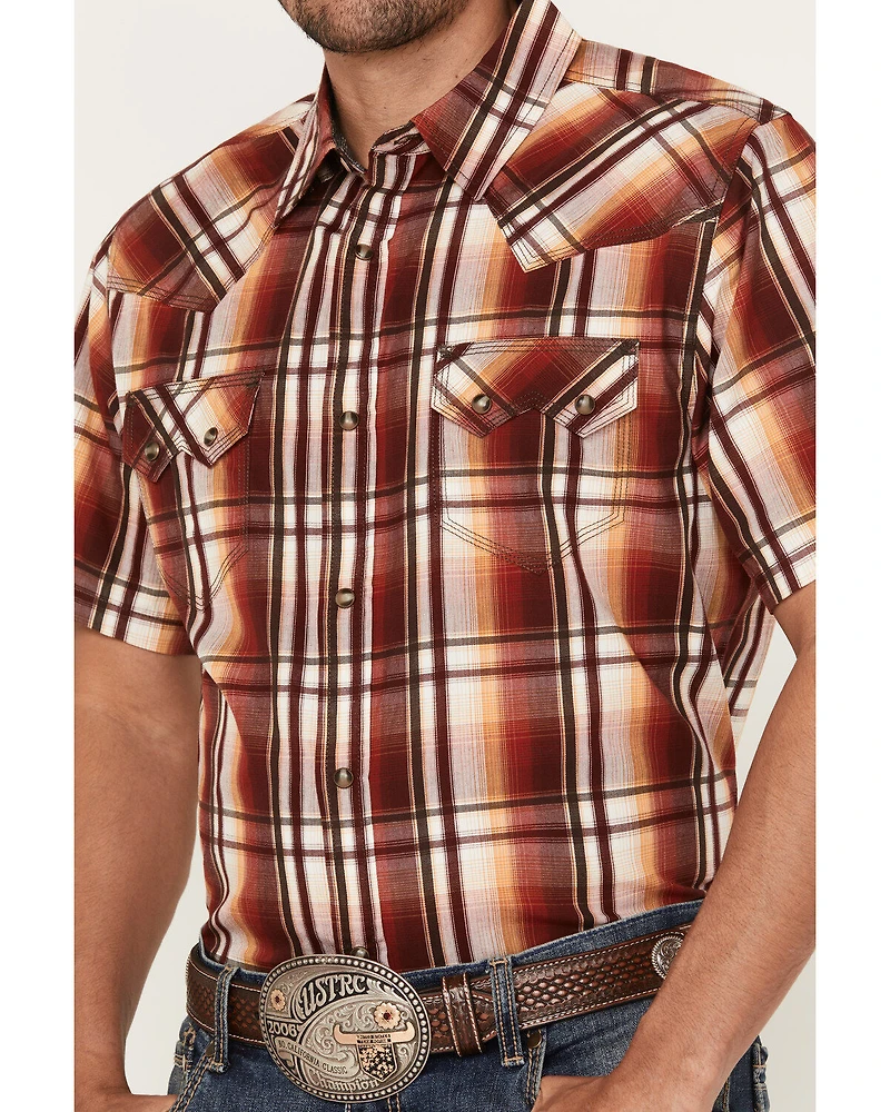 Moonshine Spirit Men's Hound Dog Plaid Print Short Sleeve Snap Western Shirt