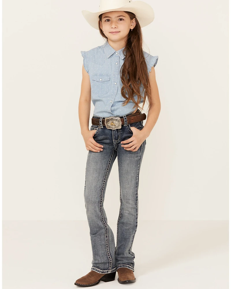 Shyanne Little Girls' Medium Wash Faded Paisley Pocket Stretch Bootcut Jeans