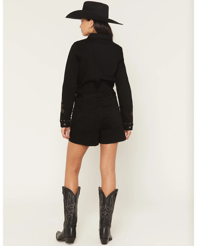Rock & Roll Denim Women's Western Embroidered Long Sleeve Snap Romper