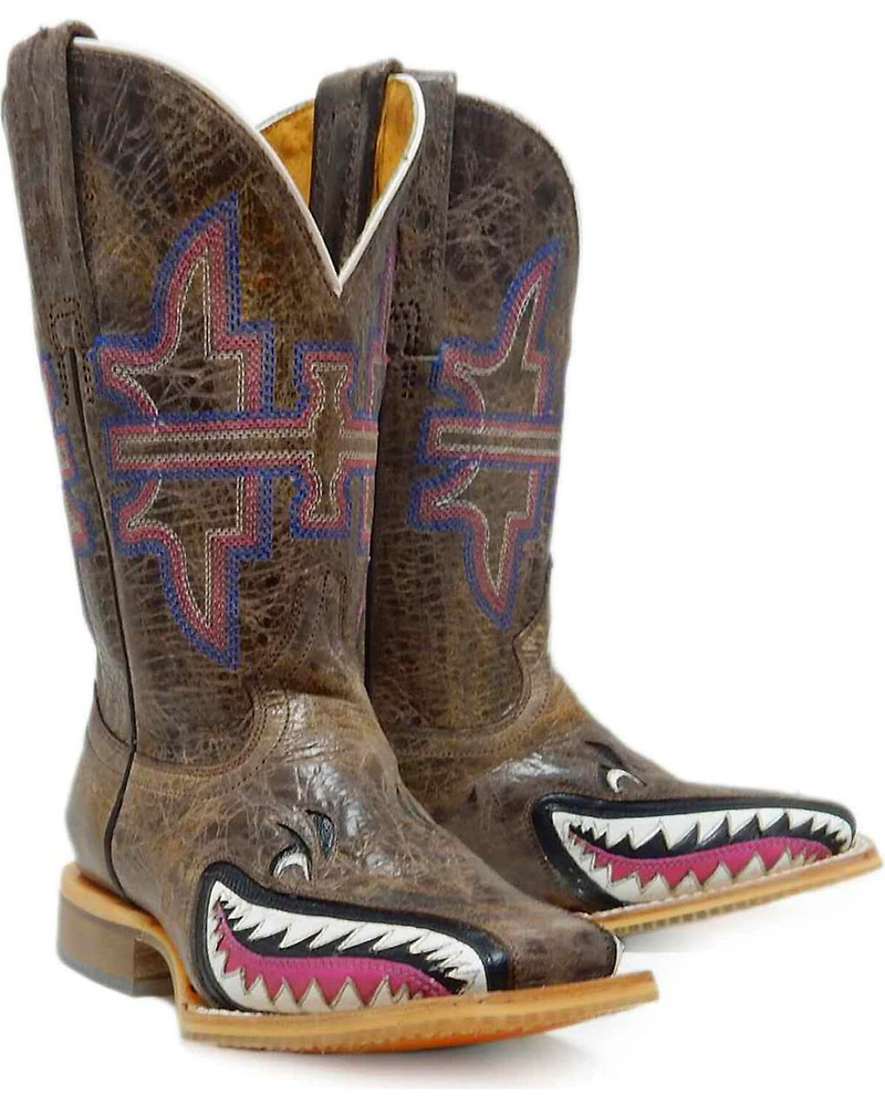 Tin Haul Girls' Tan and Pink Leather Western Boots - Square Toe
