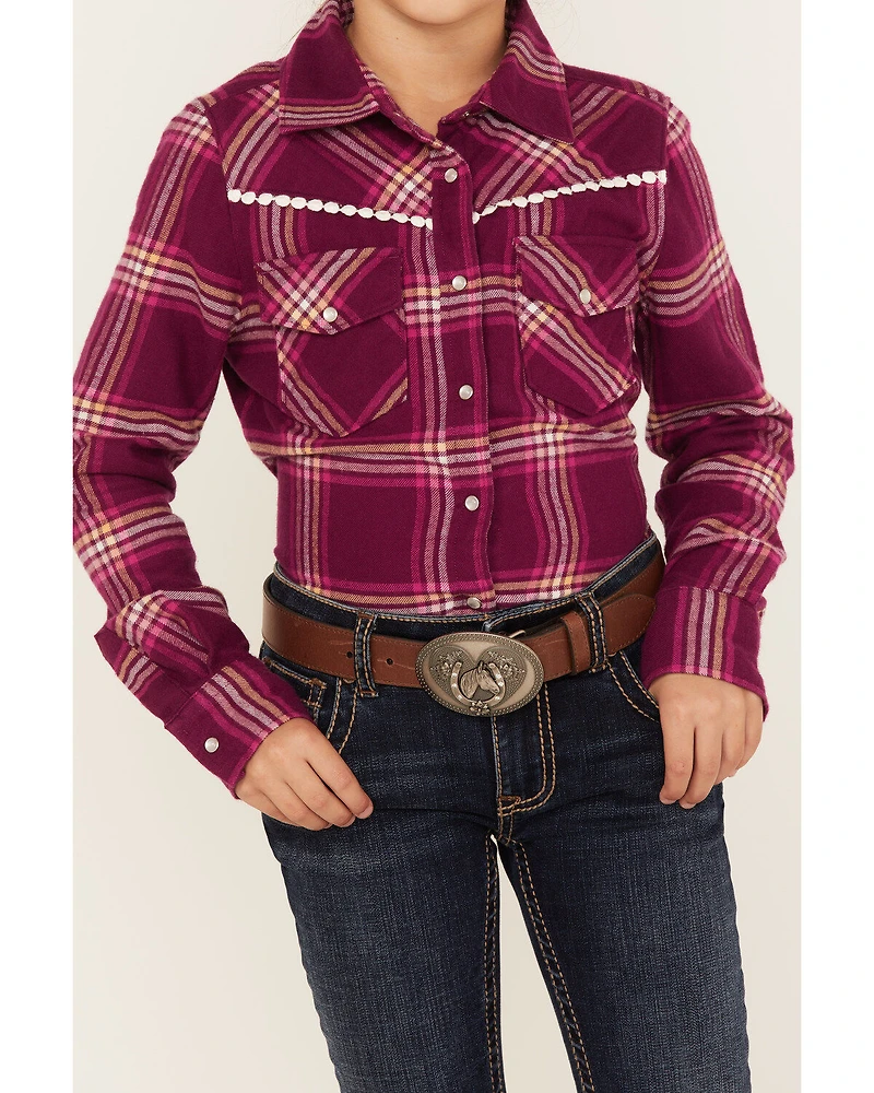 Shyanne Girls' Plaid Print Flannel Long Sleeve Western Pearl Snap Shirt