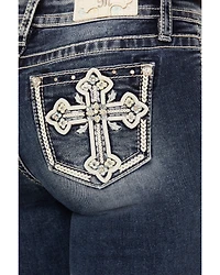 Miss Me Women's Dark Wash Mid Rise Cross Pocket 34" Bootcut Stretch Denim Jeans