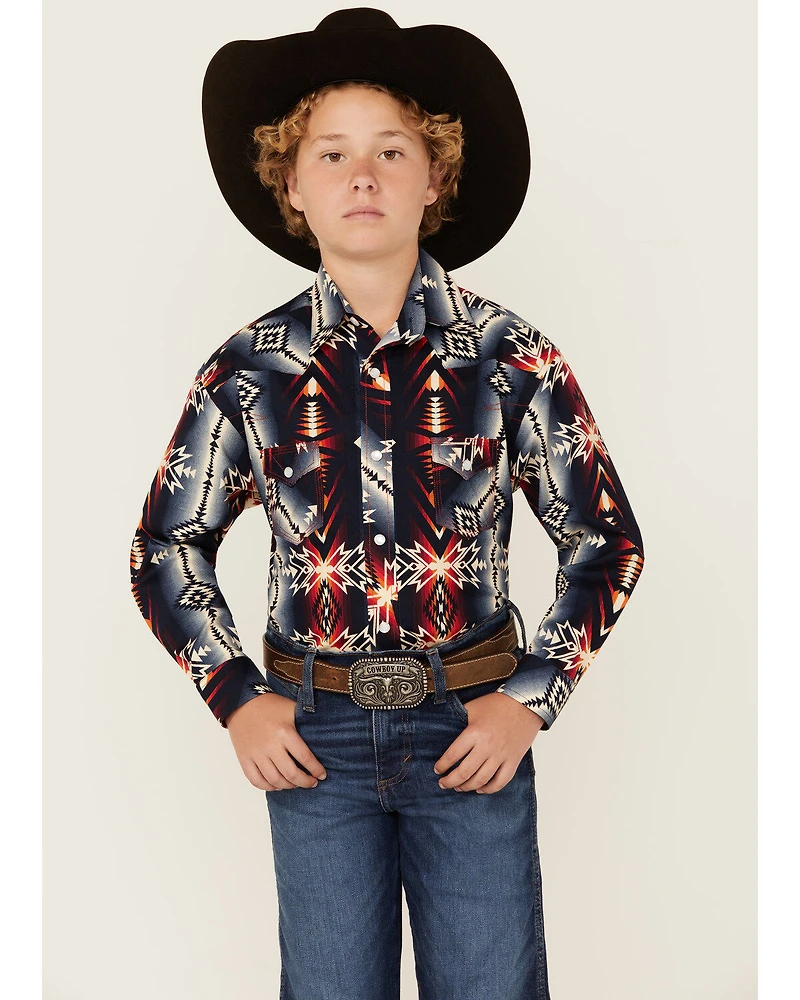 Rock & Roll Denim Boys' Southwestern Print Long Sleeve Pearl Snap Stretch Western Shirt