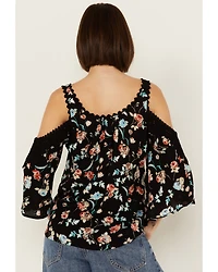 Wild Moss Women's Floral Print Crochet Cold Shoulder Top
