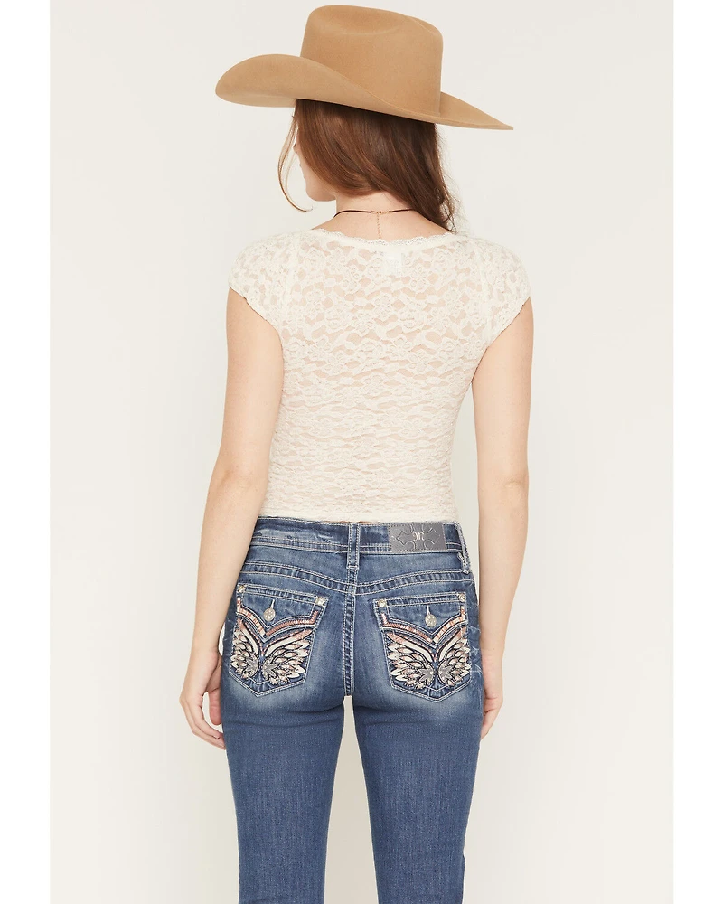 Wild Moss Women's Sheer Lace Short Sleeve Top