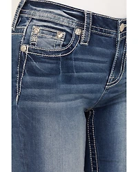 Miss Me Women's Dark Wash Mid Rise Faux Flap Pocket 34" Bootcut Stretch Denim Jeans