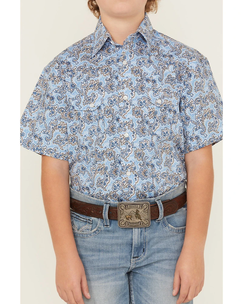 Rock & Roll Boys' Paisley Print Short Sleeve Pearl Snap Stretch Western Shirt