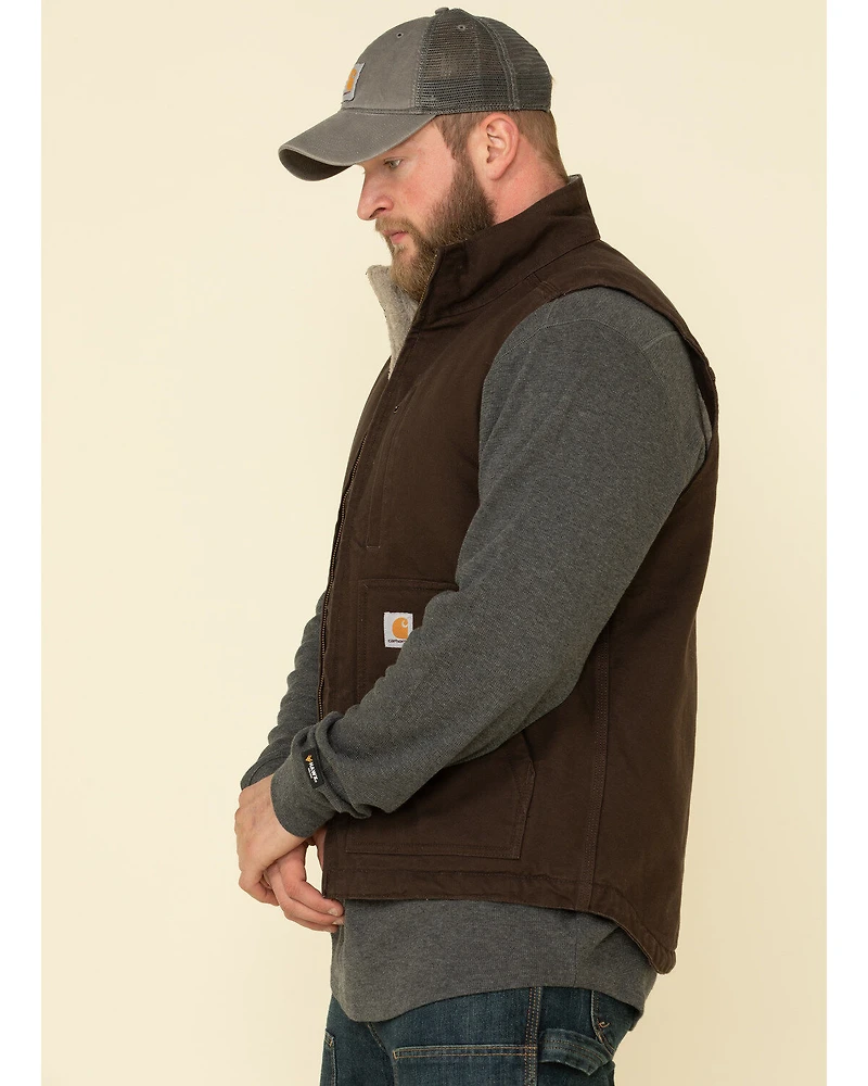 Carhartt Men's Dark Brown Washed Duck Sherpa Lined Mock Neck Work Vest - Tall