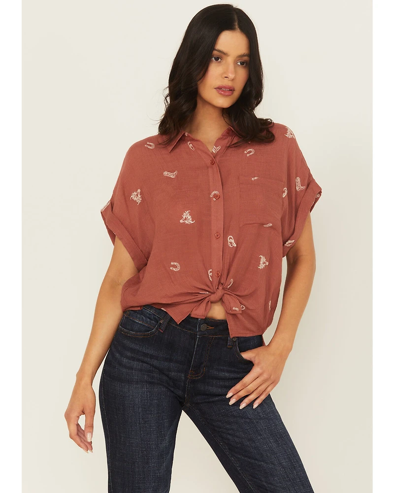 June & Hudson Women's Western Embroidered Short Sleeve Tie-Front Top