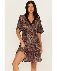 Shyanne Women's Crochet Trim Printed Short Sleeve Mini Dress