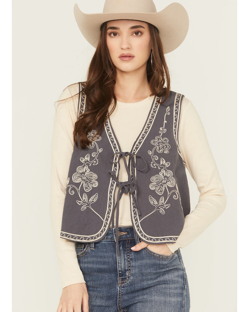 Easel Women's Floral Embroidered Tie-Front Vest