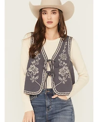 Easel Women's Floral Embroidered Tie-Front Vest