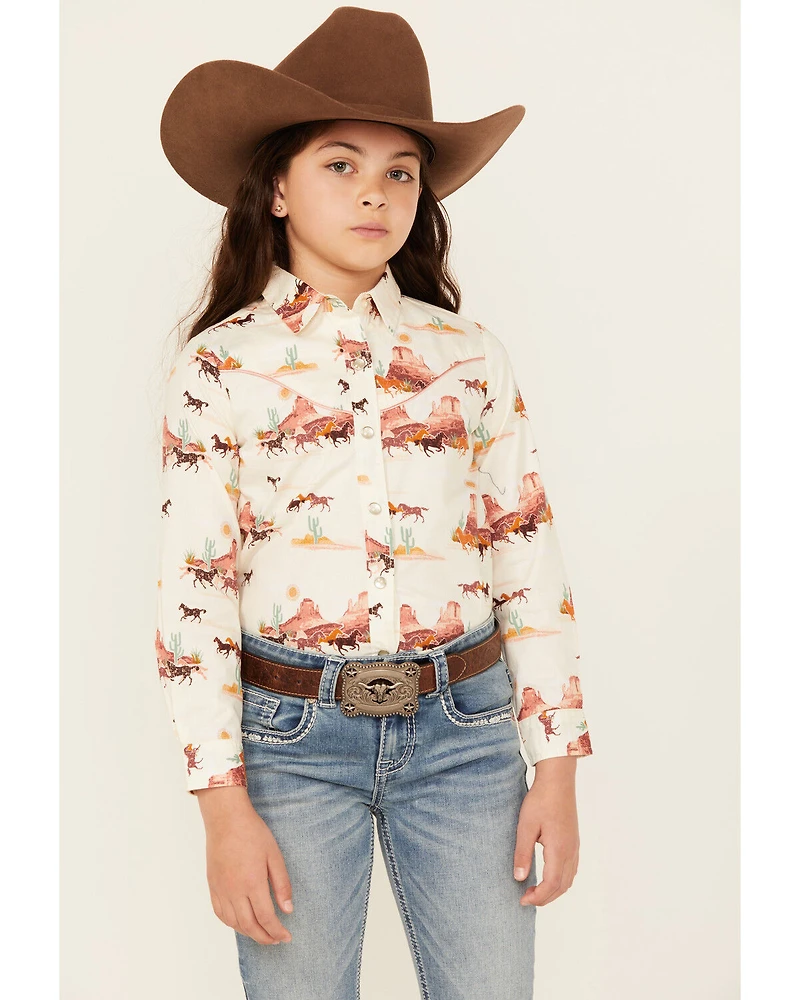 Wrangler Girls' Horse Desert Long Sleeve Pearl Snap Western Shirt