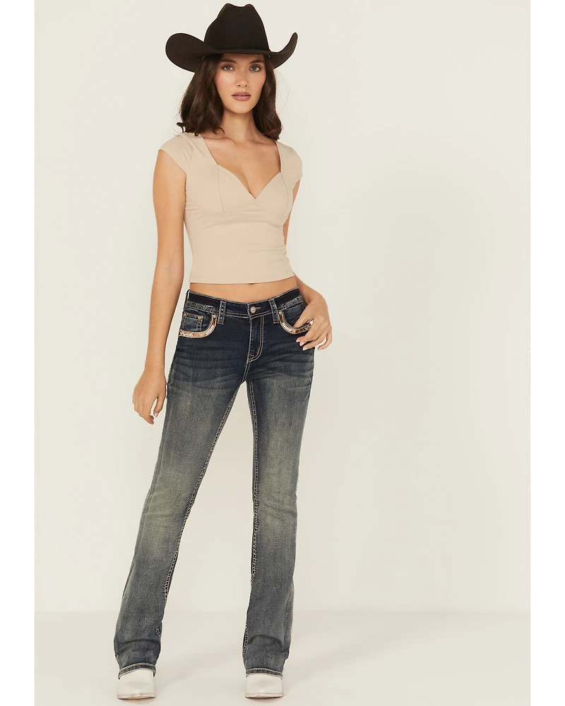 Grace LA Women's Light Wash Cowhide Pockets Mid Rise Stretch Denim Jeans