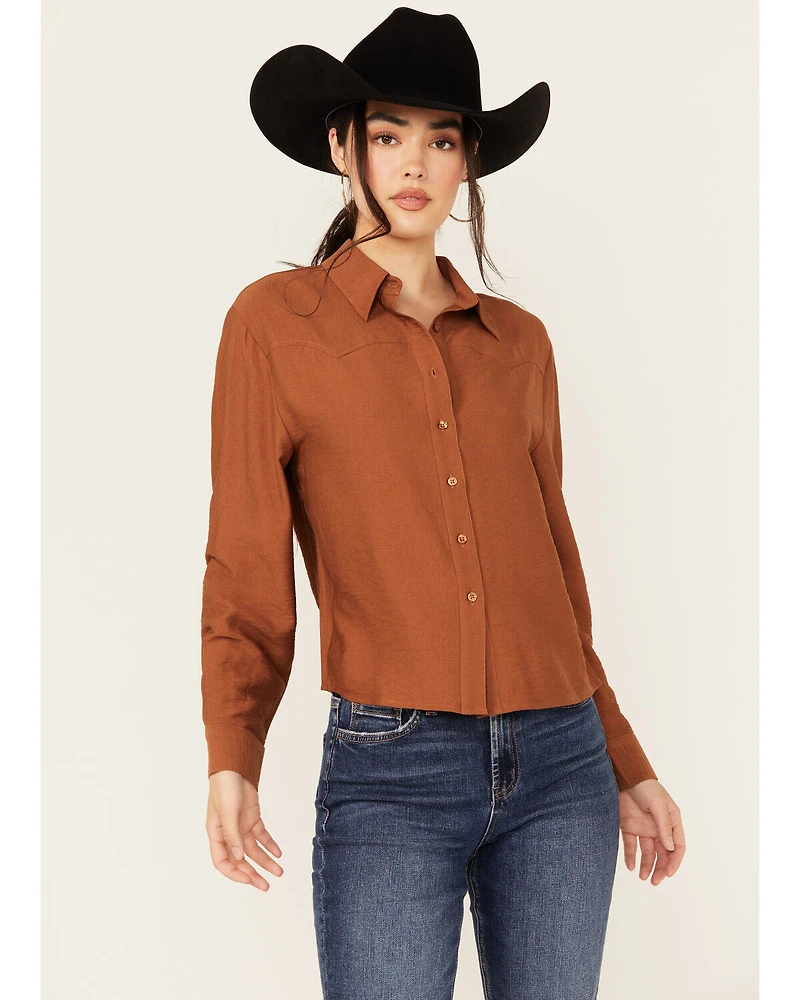 Evergreen Women's Solid Long Sleeve Button-Down Western Shirt