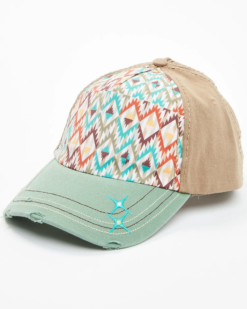 Catchfly Women's Southwestern Print Embroidered Distressed Ponytail Ball Cap