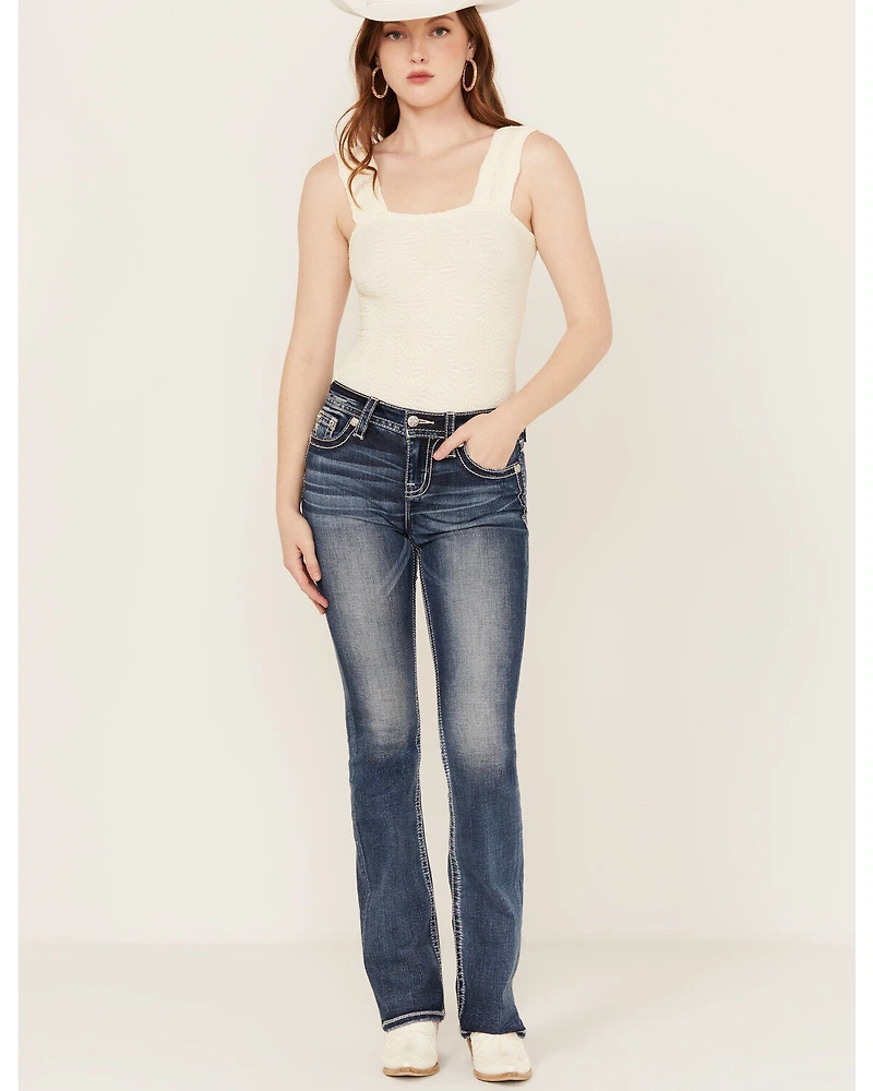 Miss Me Women's Dark Wash Mid Rise Fleur de Lis 34" Bootcut Stretch Denim Jeans