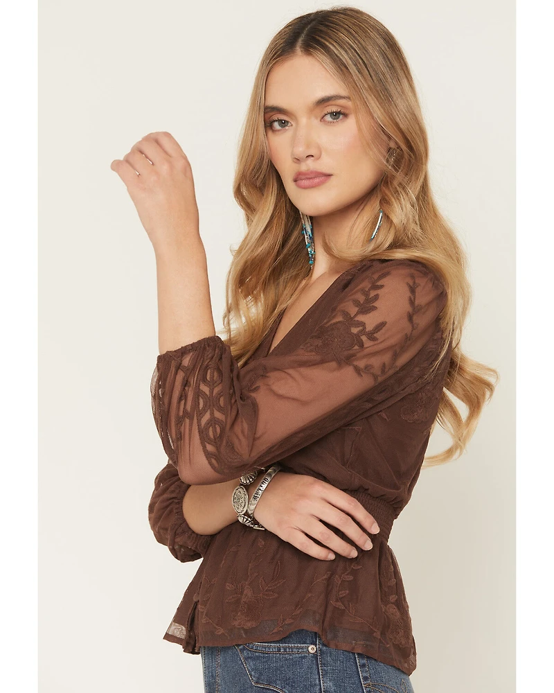 Shyanne Women's Embroidered Mesh Long Sleeve Button-Down Shirt