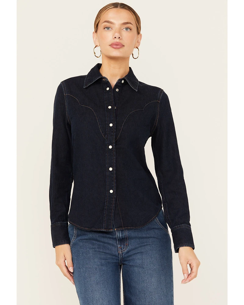 Wrangler Women's Dark Wash Slim Yoke Long Sleeve Pearl Snap Western Shirt