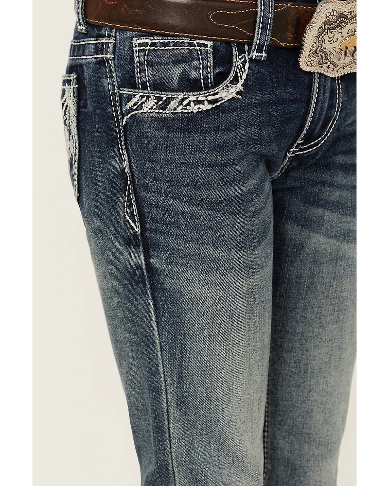 Grace LA Little Girls' Medium Wash Steer Head Pocket Stretch Bootcut Jeans