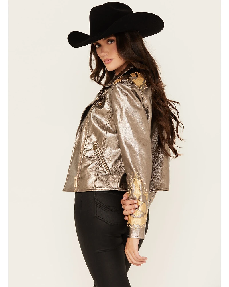 Stoosh Women's Metallic Faux Leather Moto Jacket