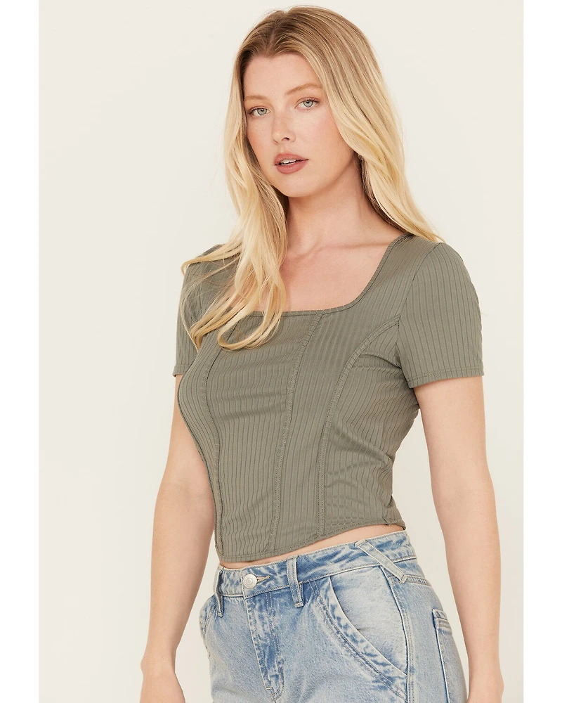 Moa Women's Ribbed Corset Style Short Sleeve Top