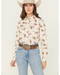 Cruel Girl Women's Horse Rider Conversational Print Long Sleeve Snap Western Shirt