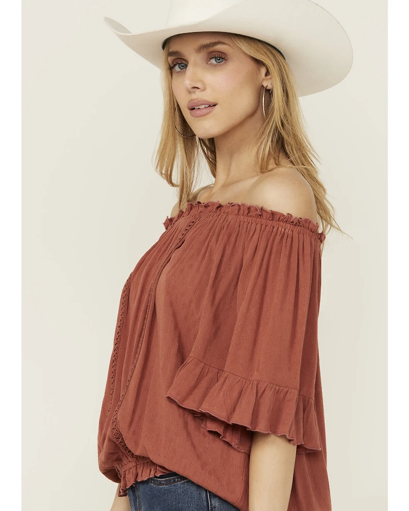 Band Of The Free Women's Solid Short Sleeve Off Shoulder Blouse