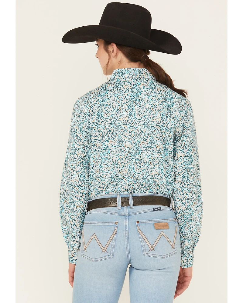 Rough Stock by Panhandle Women's Paisley Print Long Sleeve Pearl Snap Stretch Western Shirt