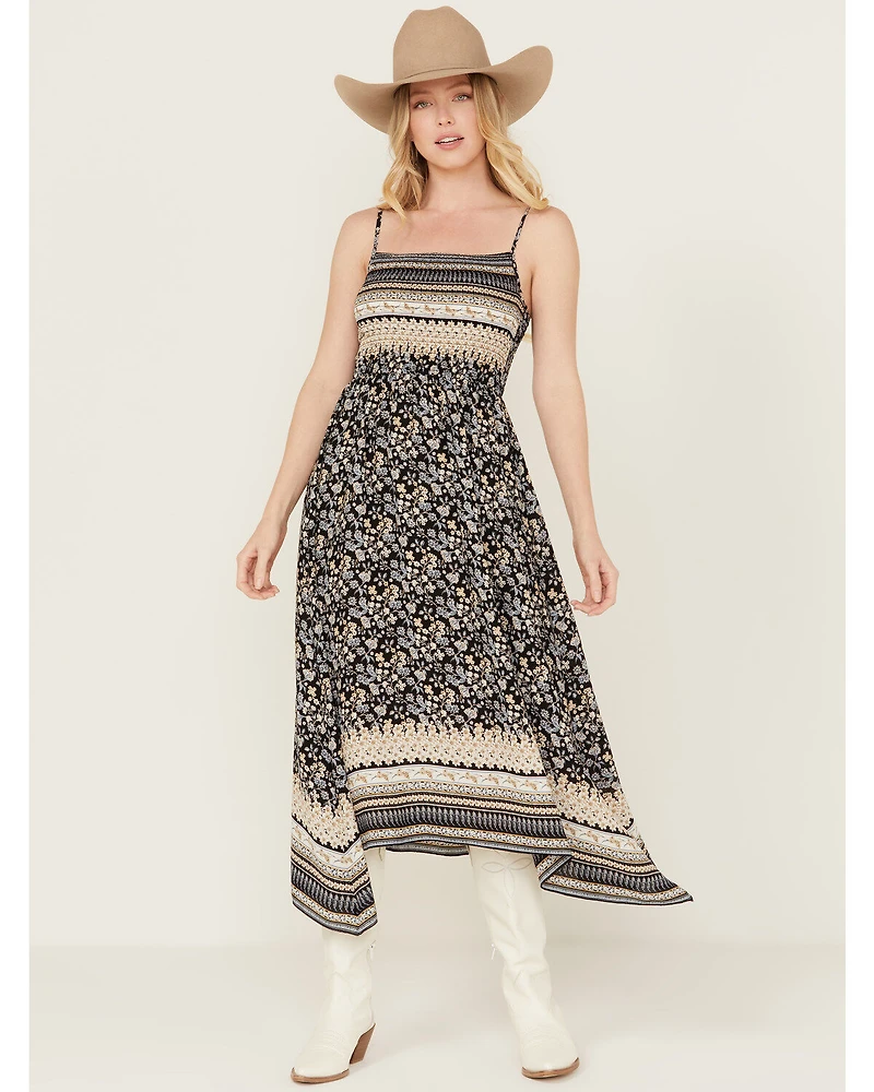 Wild Moss Women's Border Print Smocked Front Midi Dress