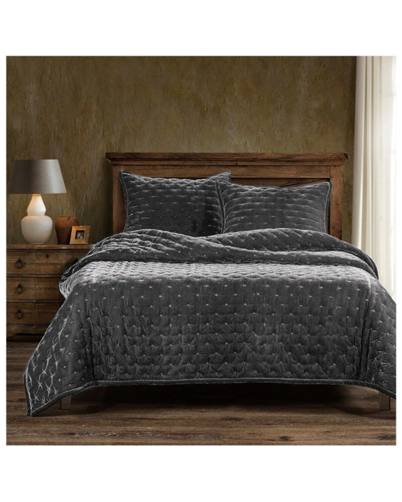 HiEnd Accents Slate Stella Faux Silk Velvet 3-Piece Queen Quilt Set