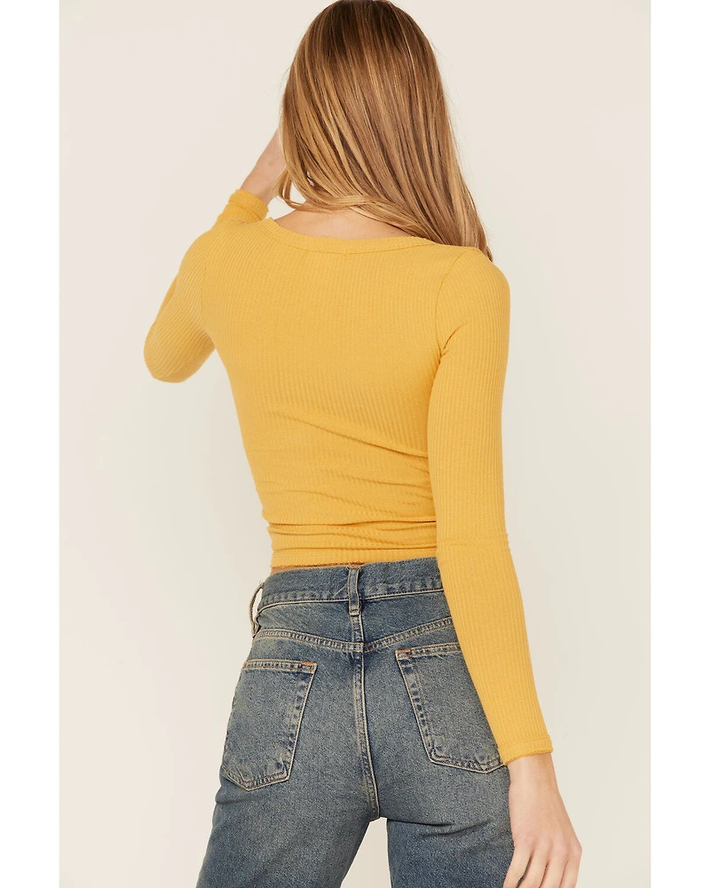 Wild Moss Women's Solid Long Sleeve Raw Edge Ribbed Knit Top