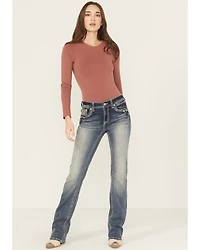 Grace LA Women's Medium Wash Mid Rise Star Horseshoe Bootcut Stretch Denim Jeans