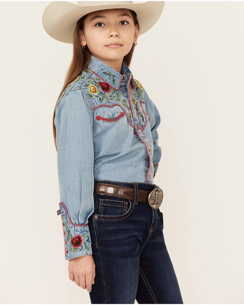 Rockmount Ranchwear Girls' Floral Yoke Long Sleeve Pearl Snap Denim Western Shirt