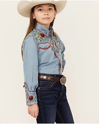 Rockmount Ranchwear Girls' Floral Yoke Long Sleeve Pearl Snap Denim Western Shirt