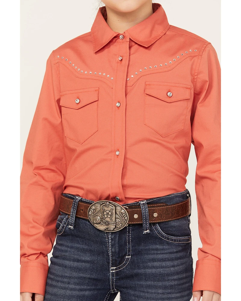 Shyanne Girls' Solid Long Sleeve Rhinestone Button-Down Stretch Western Riding Shirt