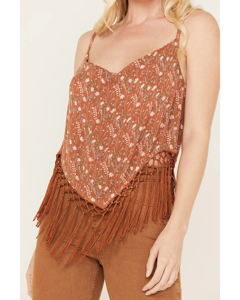Rock & Roll Denim Women's Floral Fringe Tank Top