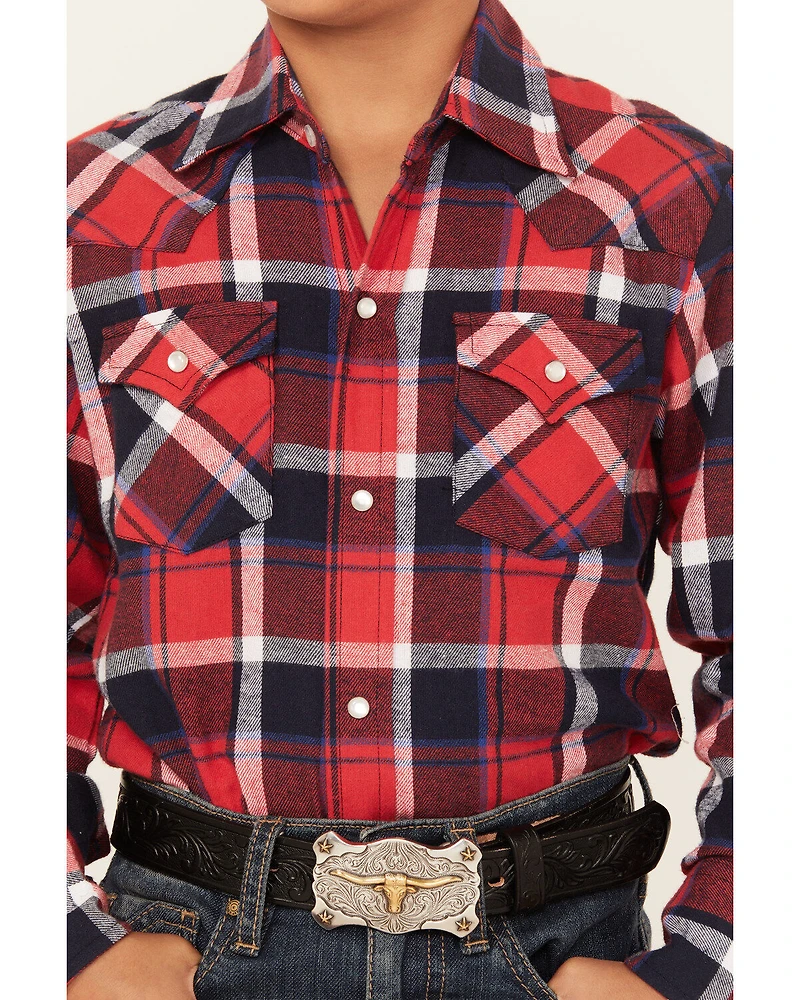 Ely Walker Boys' Plaid Print Brushed Flannel Long Sleeve Pearl Snap Western Shirt